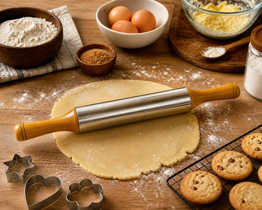Premium Stainless Steel Rolling Pin with Wooden Handles
