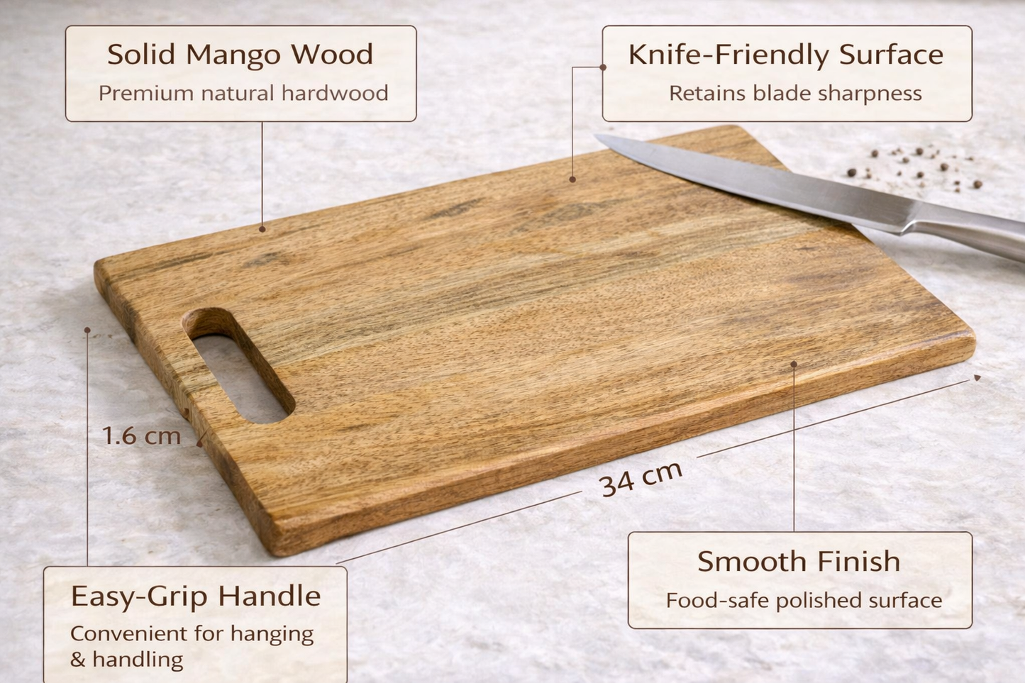 Premium Mango Wood Chopping Board – 34 x 24 x 1.6 cm | Eco-Friendly Wooden Cutting Board with Handle for Kitchen Use