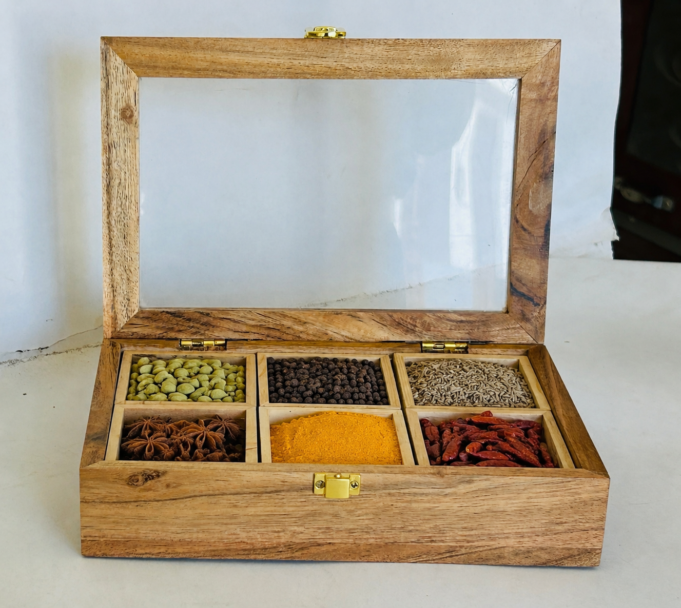 Premium Wooden Spice Box – Acacia Wood with Pine Inner Compartments