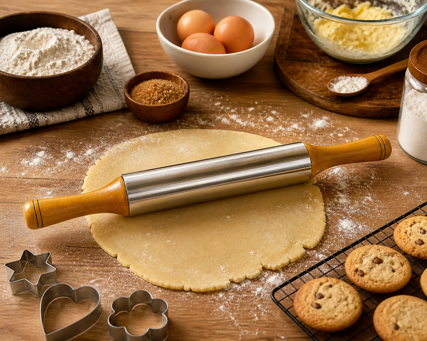 Premium Stainless Steel Rolling Pin with Wooden Handles