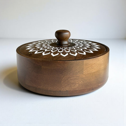 Wooden Chapati Box with Mandala Art Lid – Handmade Roti Storage Container