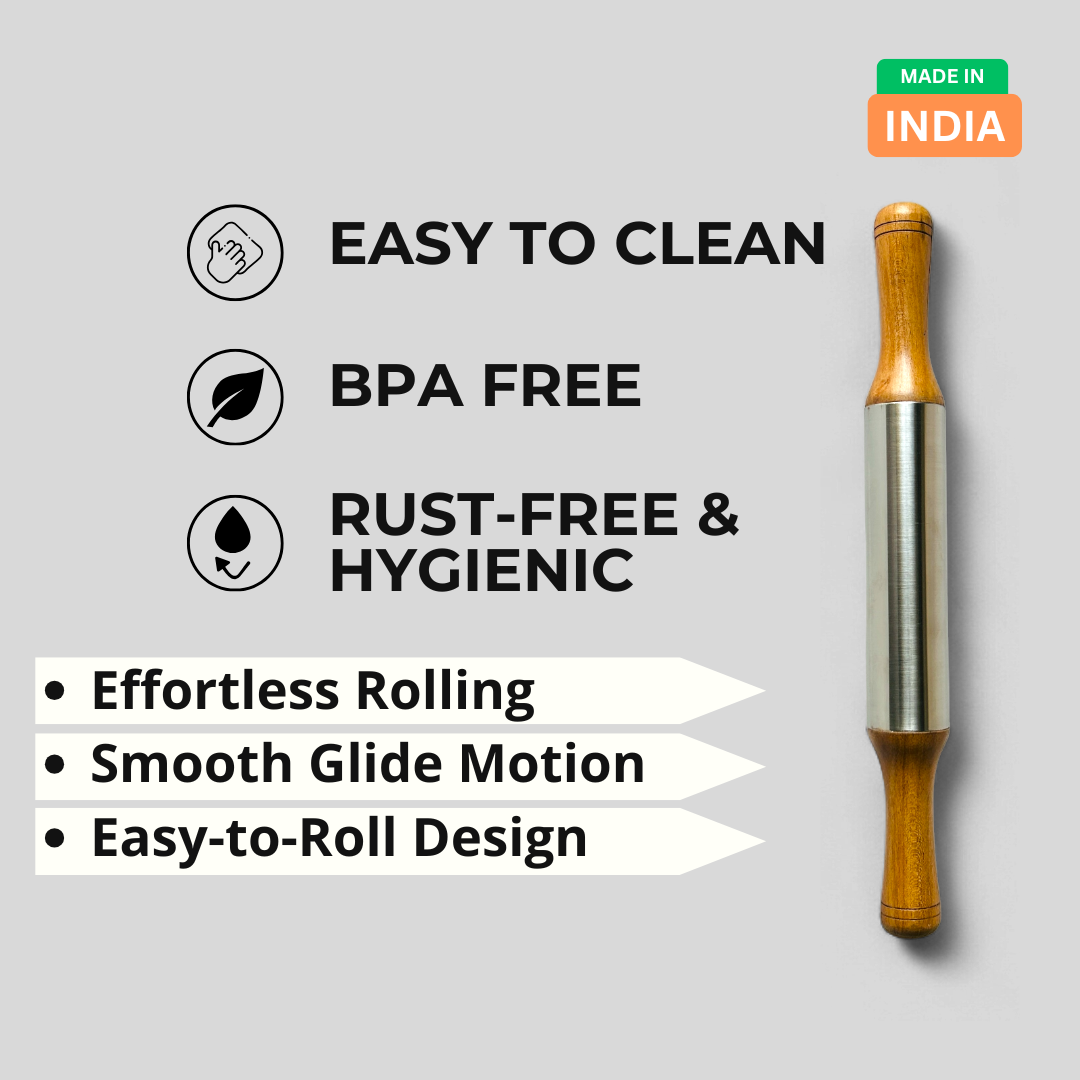 Premium Stainless Steel Rolling Pin with Wooden Handles